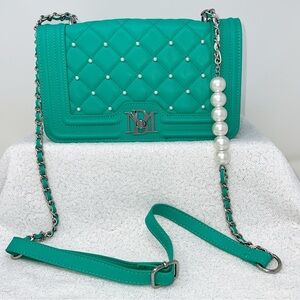Badgley Mischka Crossbody Purse front quilted pearl studded green